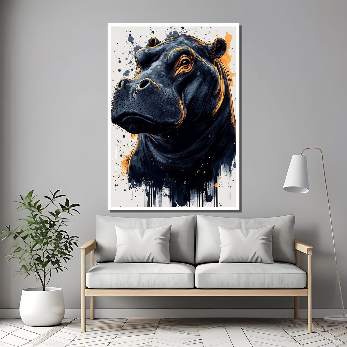 Hippo Painting Bold Wildlife Art Abstract Animal Wall Decor Modern Ink Splash Artwork Gift For Nature Lovers - Image 2