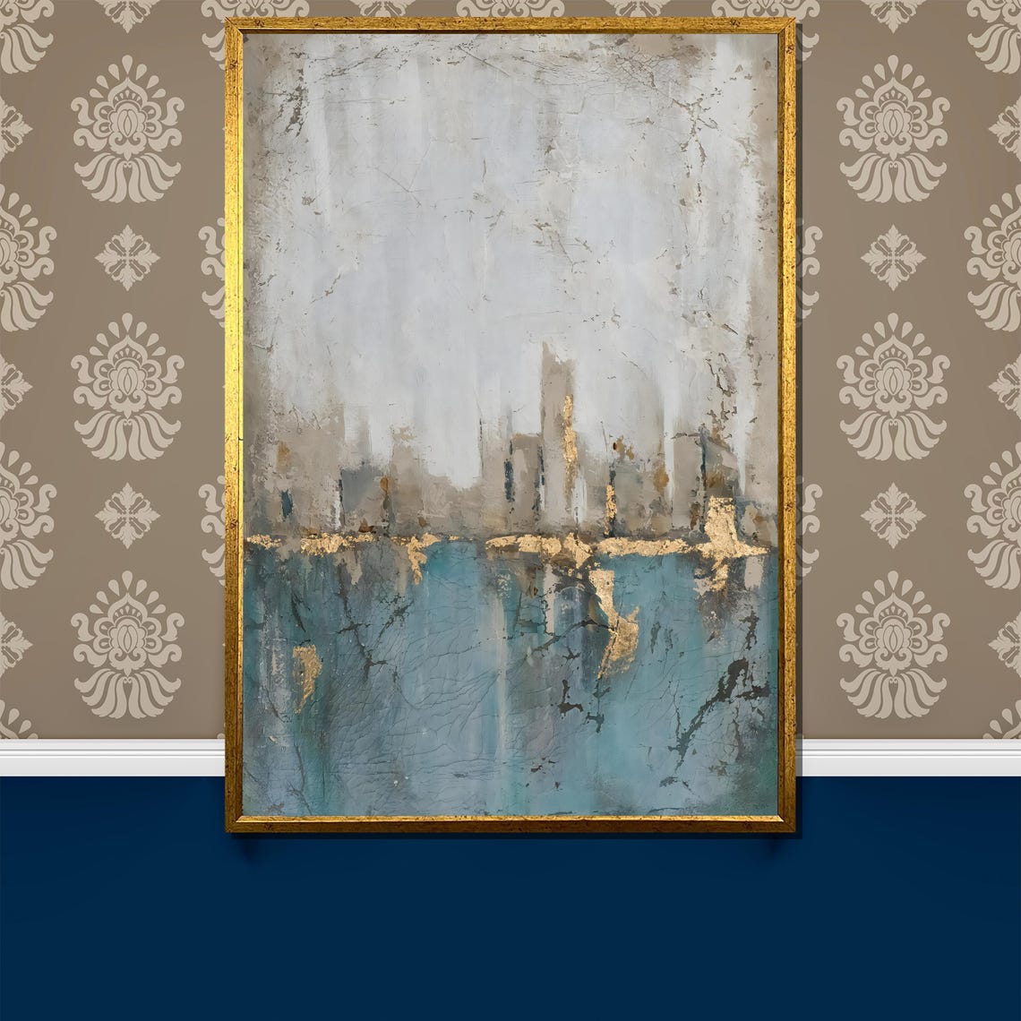 Blue Gold Abstract Skyline Urban Landscape Modern Art Poster