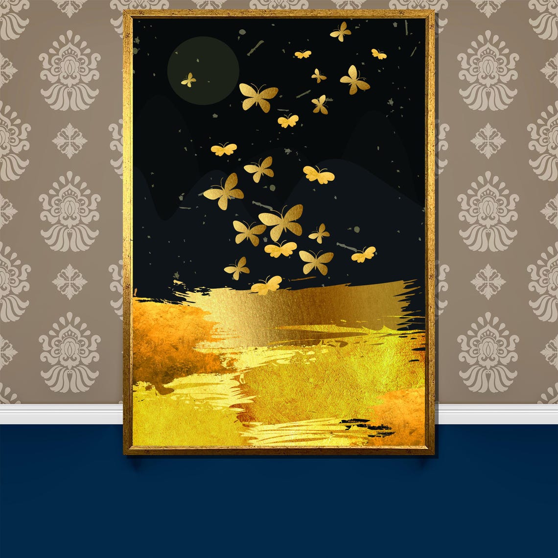 Golden Butterfly Flight Over Midnight Black and Gold Abstract Poster