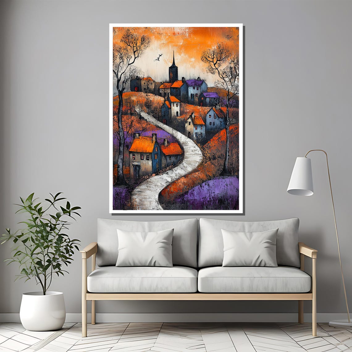 Village with Winding Path Orange Purple Sunset Landscape Poster - Image 2