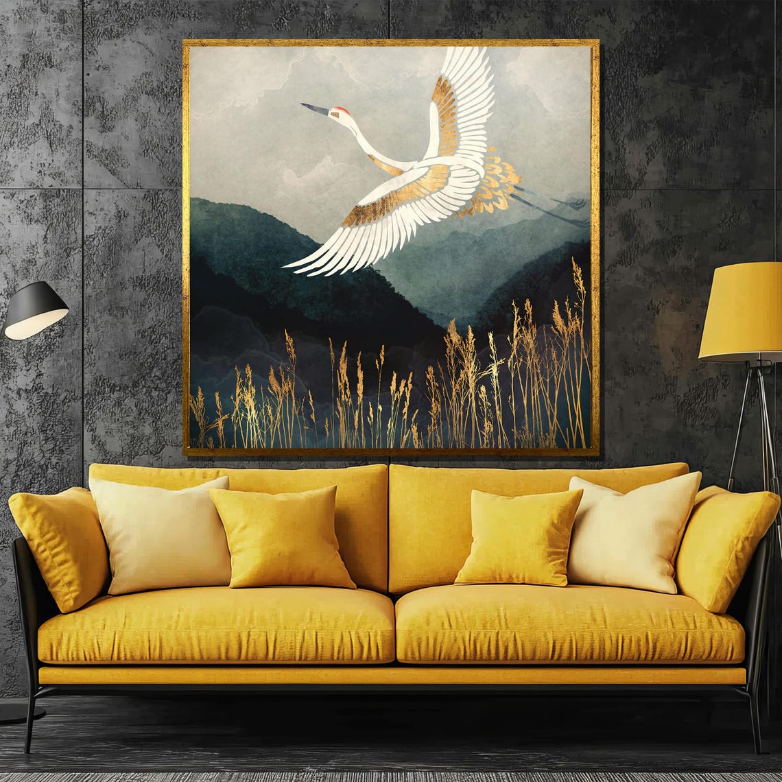 Elegant White And Gold Crane Soaring Over Misty Mountain Peaks Poster