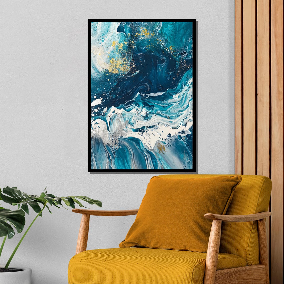 Deep Ocean Blue and Gold Fluid Marble Art Abstract Waves Poster - Image 4
