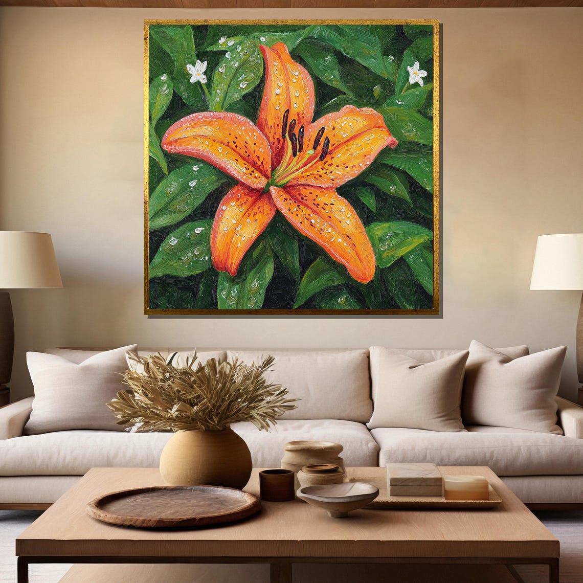 Orange Tiger Lily with Sparkling Dew Drops Among Green Leaves Poster - Image 5
