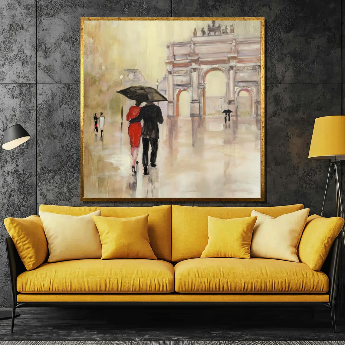 Rainy Paris Arc De Triomphe Street With Couple Under Umbrella Poster