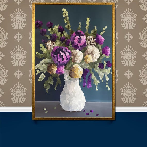 Modern Pixelated Floral Painting Gift Unique Geometric Flower Vase Wall Art For Contemporary Home Decor Colorful Painting