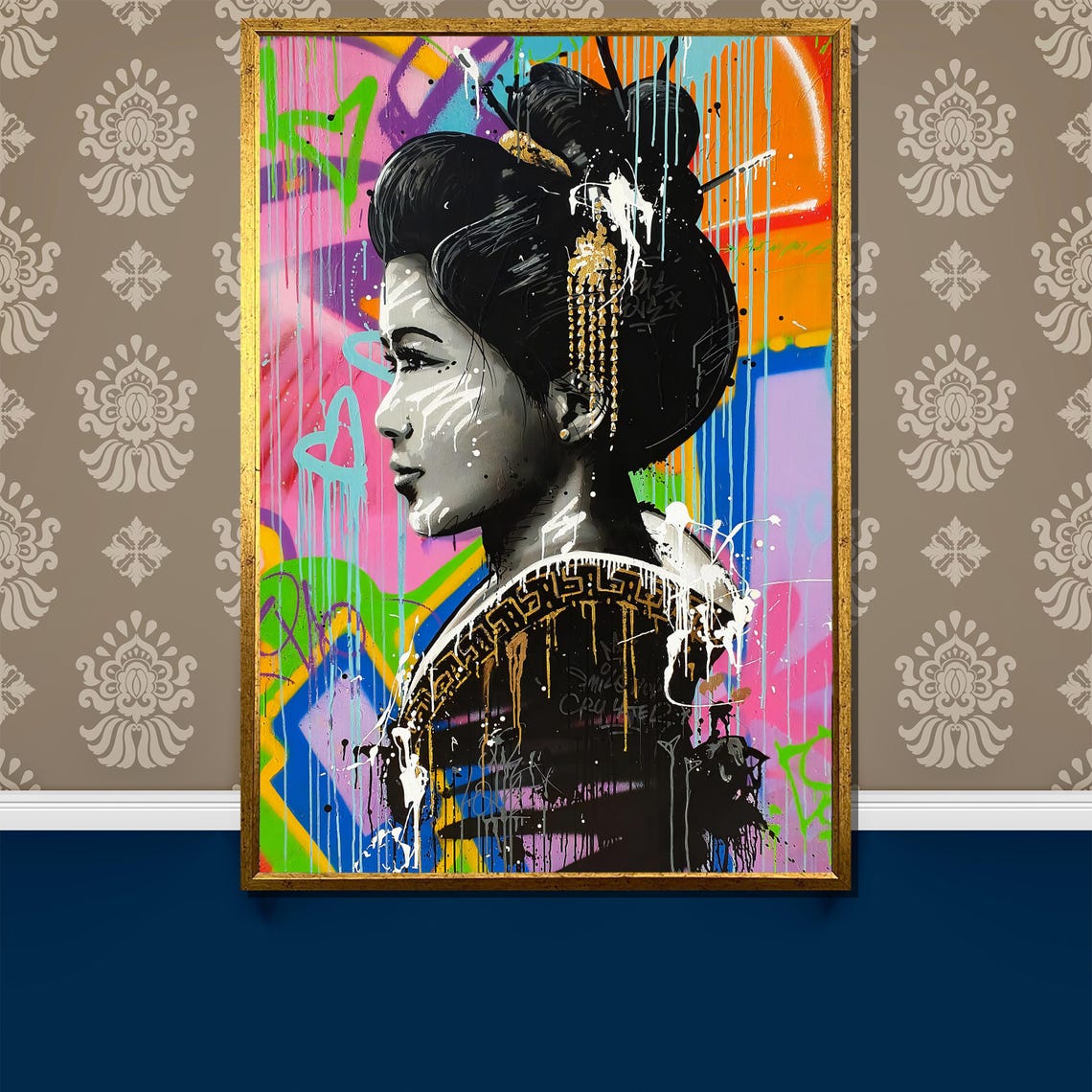 Geisha Portrait Black White Face On Colorful Graffiti Poster
