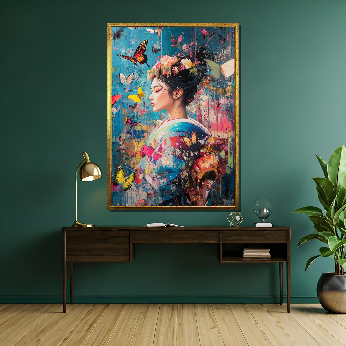 Serene Geisha Among Butterflies Dreamy Teal Splash Art Poster - Image 5