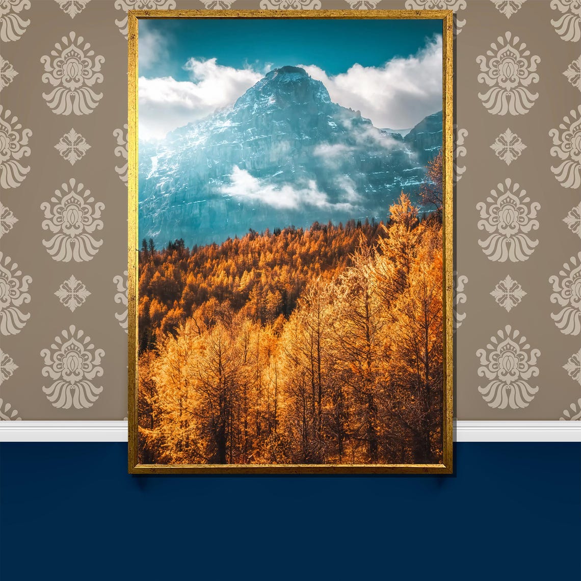 Golden Autumn Larch Forest Below A Towering Snowy Mountain Peak Poster