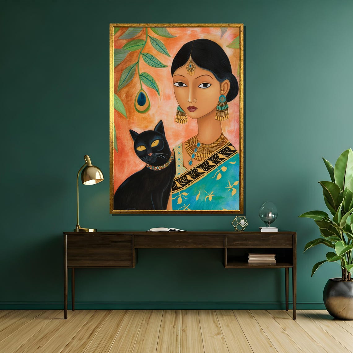 Graceful Indian Woman With Black Cat And Peacock Feather Art Poster - Image 5