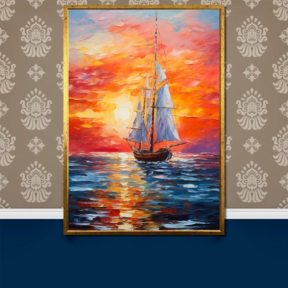 Vibrant Sailboat At Sunset Painting Colorful Nautical Wall Art Unique Gift For Ocean Lovers And Home Decor