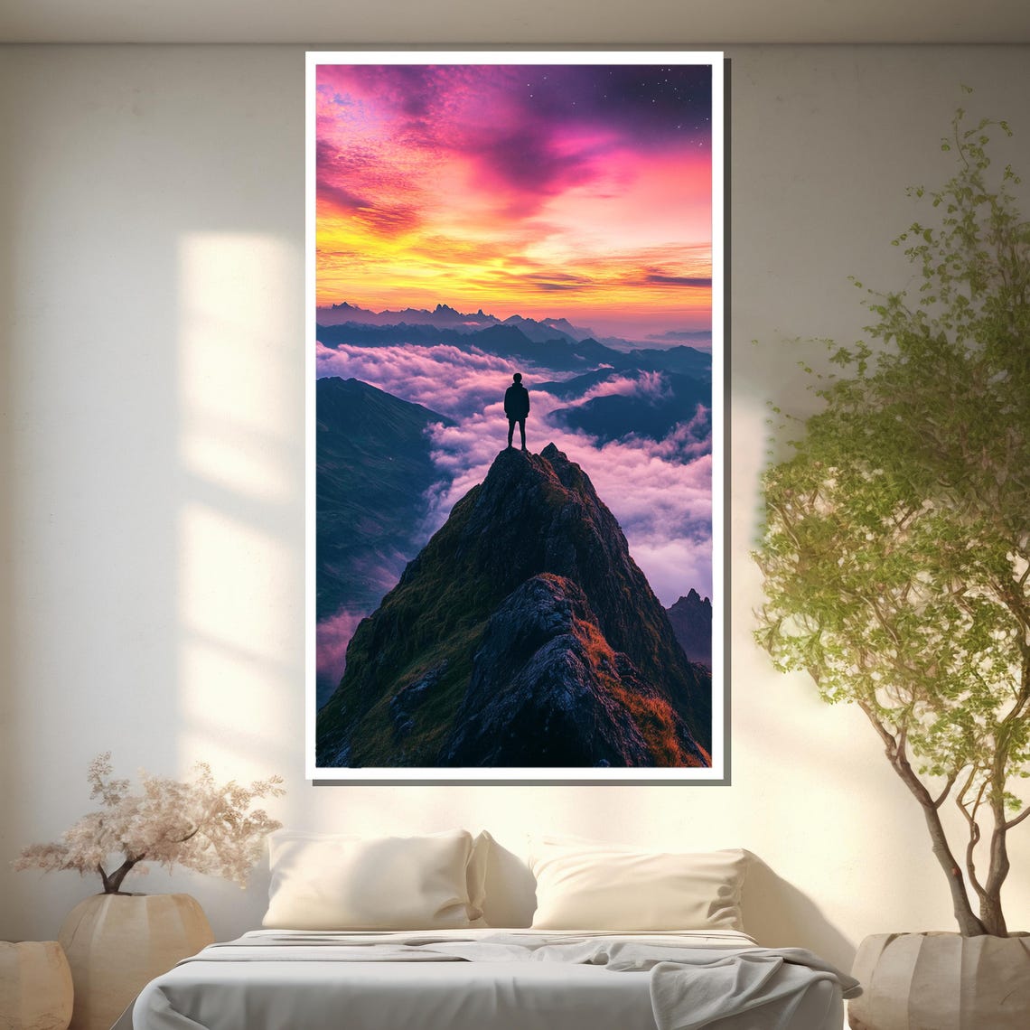 Silhouetted Hiker Above Sunset Clouds on Mountain Peak Poster - Image 2