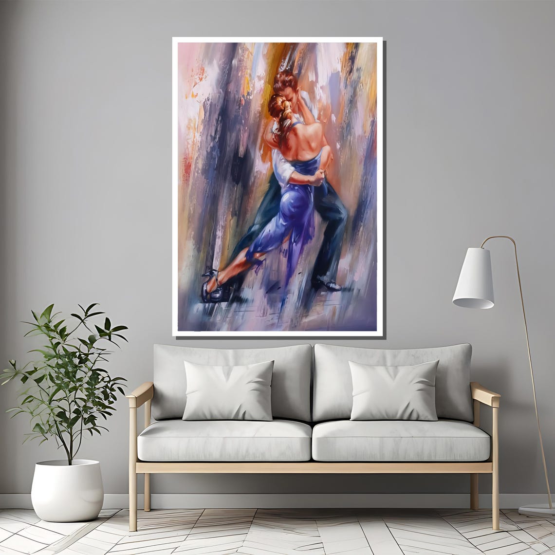 Tango Couple in Flowing Blue Dress Close Embrace Oil Art Poster - Image 2
