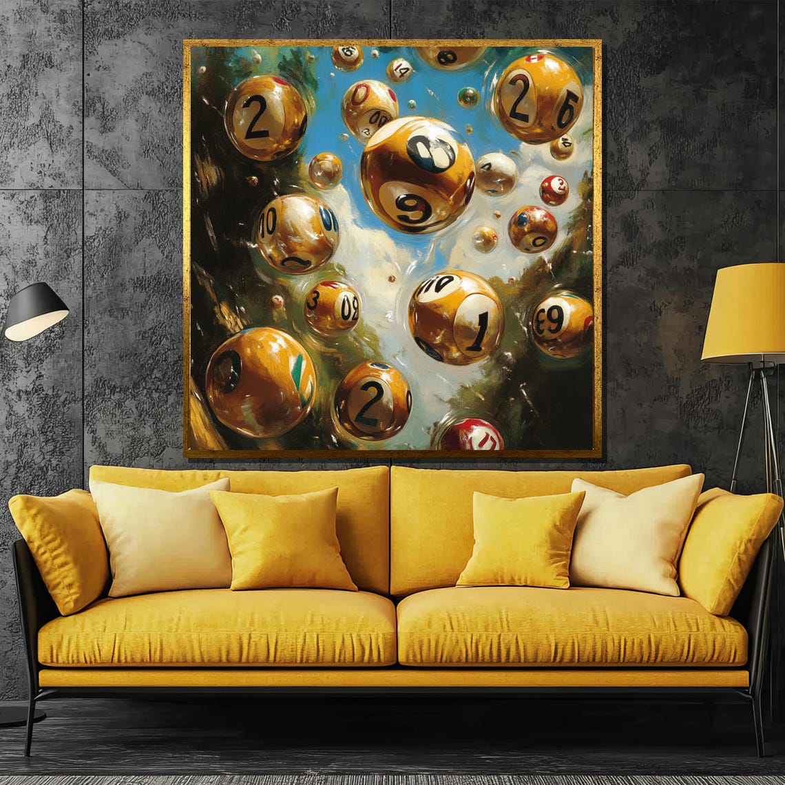 Surreal Golden Numbered Balls Floating in a Dreamy Blue Sky Poster
