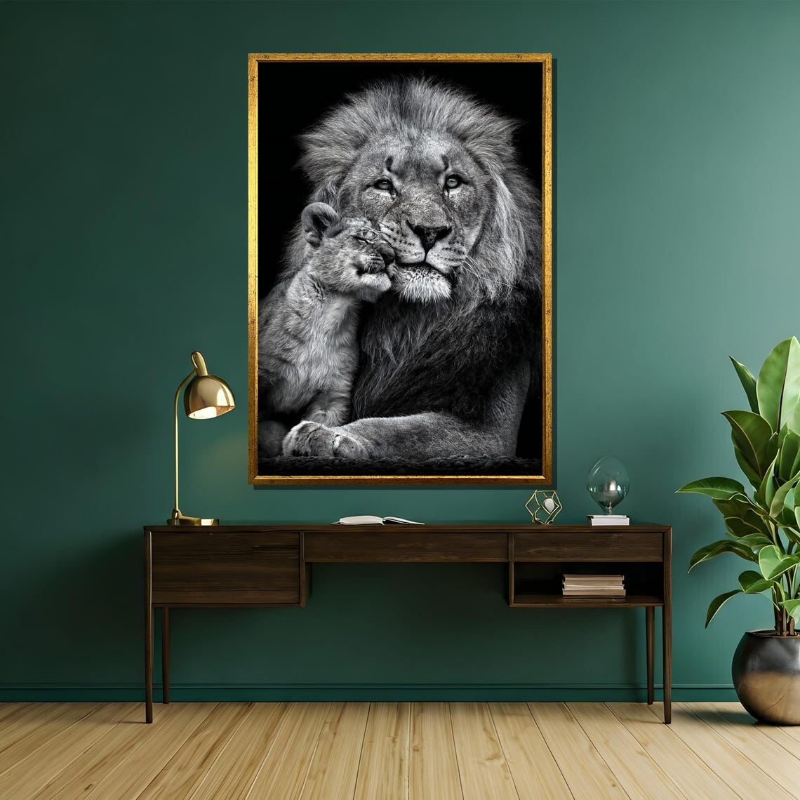 Lion and Cub Nuzzle Tender Black and White Wildlife Art Poster - Image 5