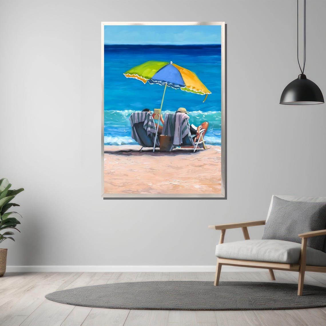 Couple Relaxing Under Beach Umbrella on Sunny Shore Painting Poster - Image 3