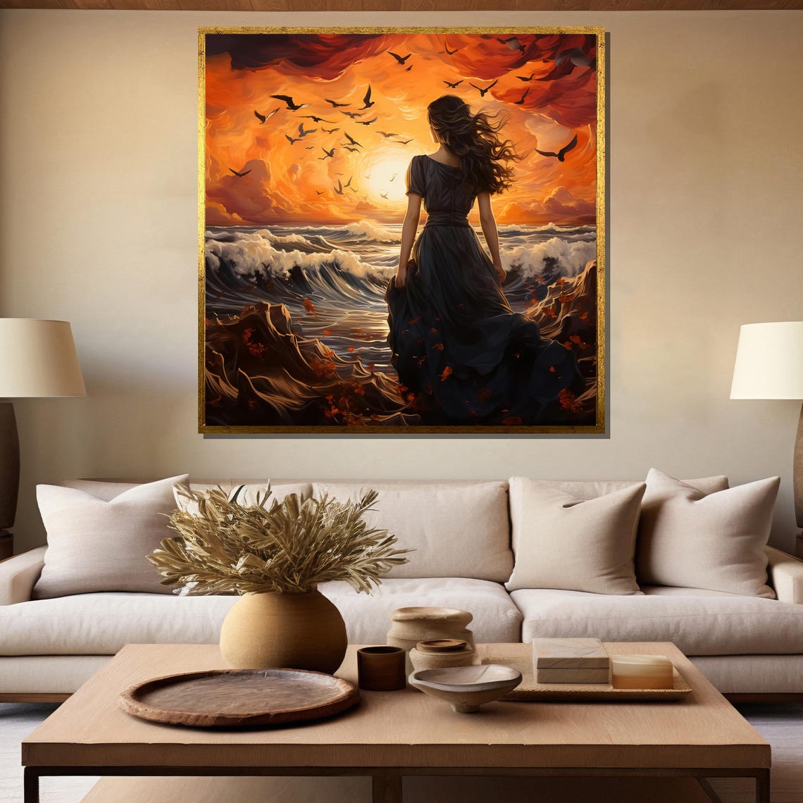 Woman Before Sunset Ocean Waves Seabirds Drama Painting Poster - Image 5