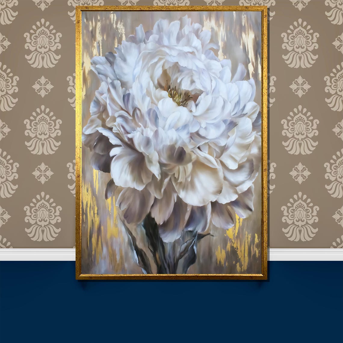 White Peony Bloom with a Gold Accent Background Floral Poster