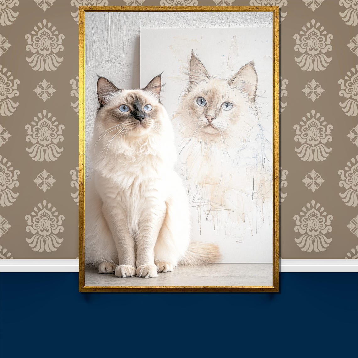Blue Eyed Beauty White Cat Posing Beside Its Own Sketch Poster