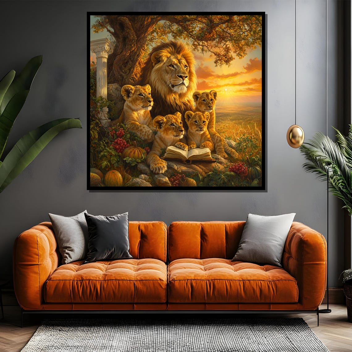 Lion Father Reading Bedtime Stories To His Cubs At Sunset Poster - Image 4