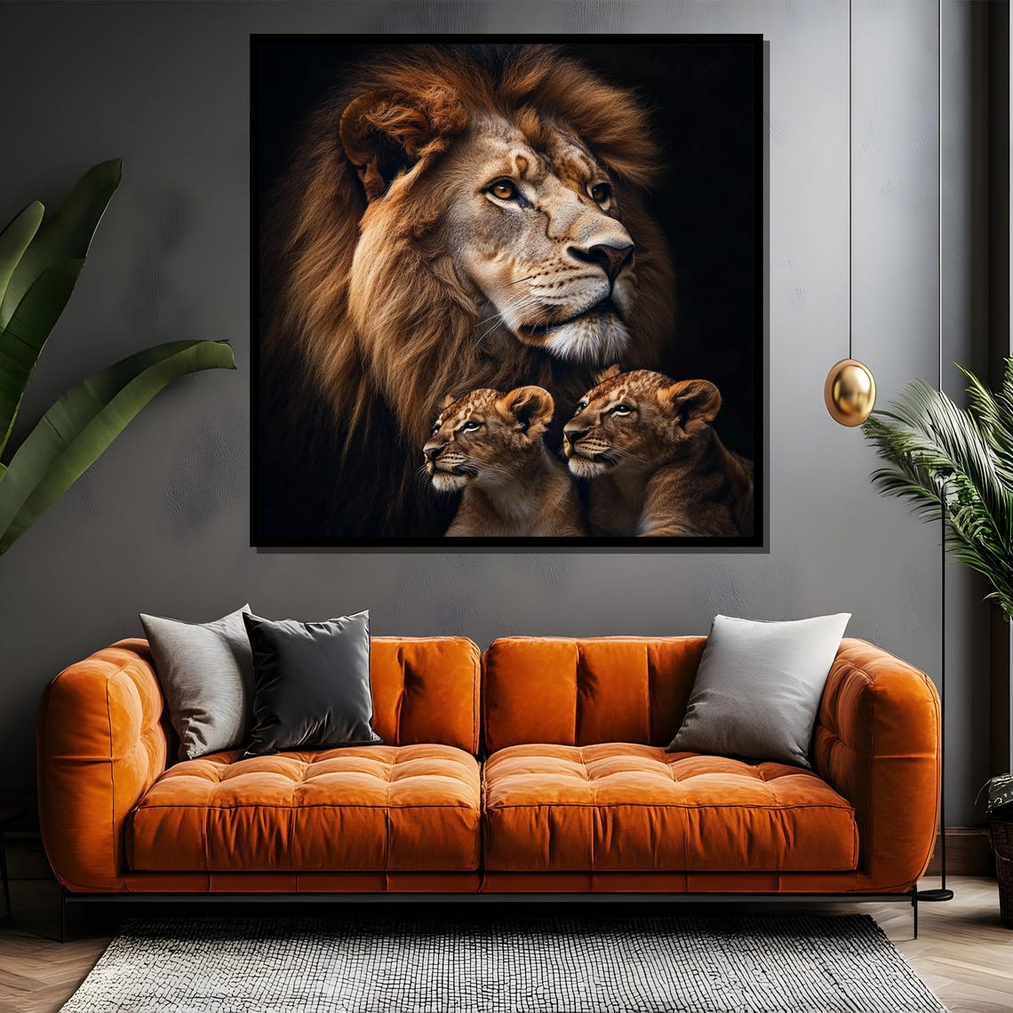 Majestic Lion with Two Cubs in Dark Wildlife Portrait Poster - Image 4