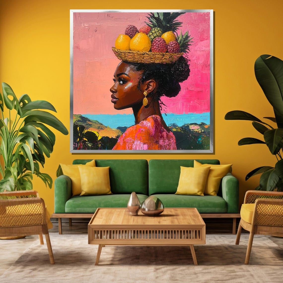 Vibrant Caribbean Woman With Tropical Fruit Basket Pink Art Poster - Image 3