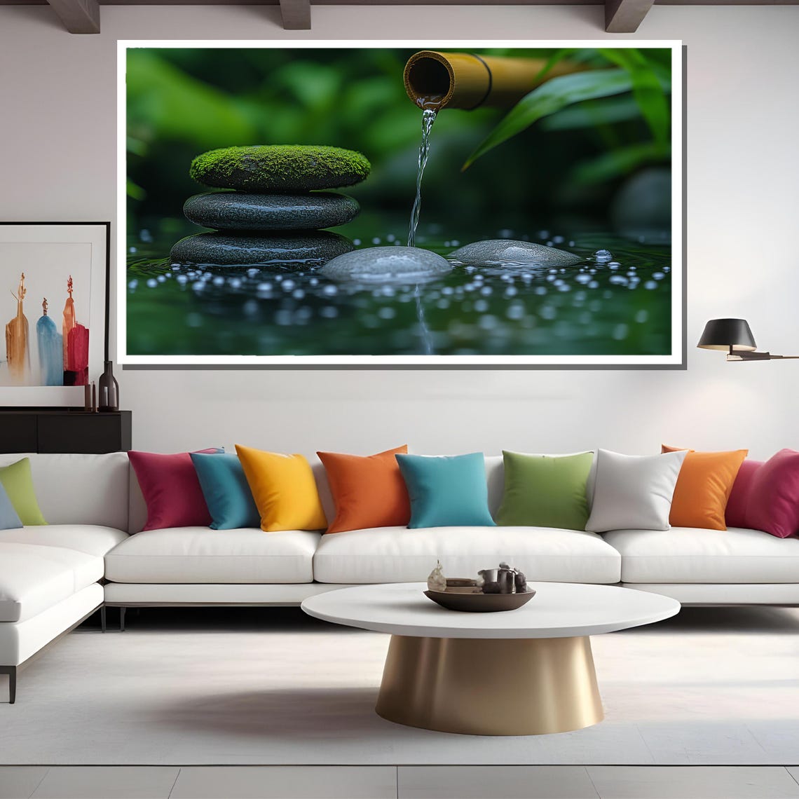 Mossy Zen Stones Under a Bamboo Water Spout in a Garden Poster - Image 2