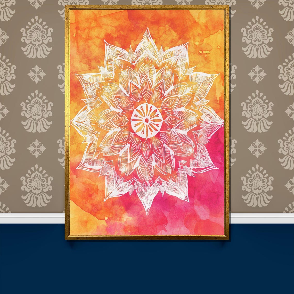 White Mandala Flower on Orange Pink Watercolor Sunset Art Poster