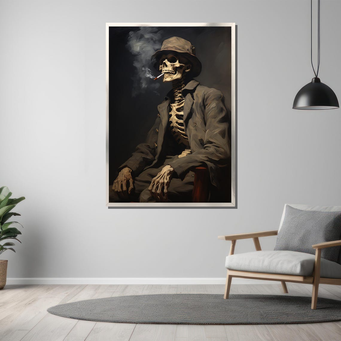 Skeleton in Suit and Hat Smoking a Cigarette Dark Gothic Poster - Image 3