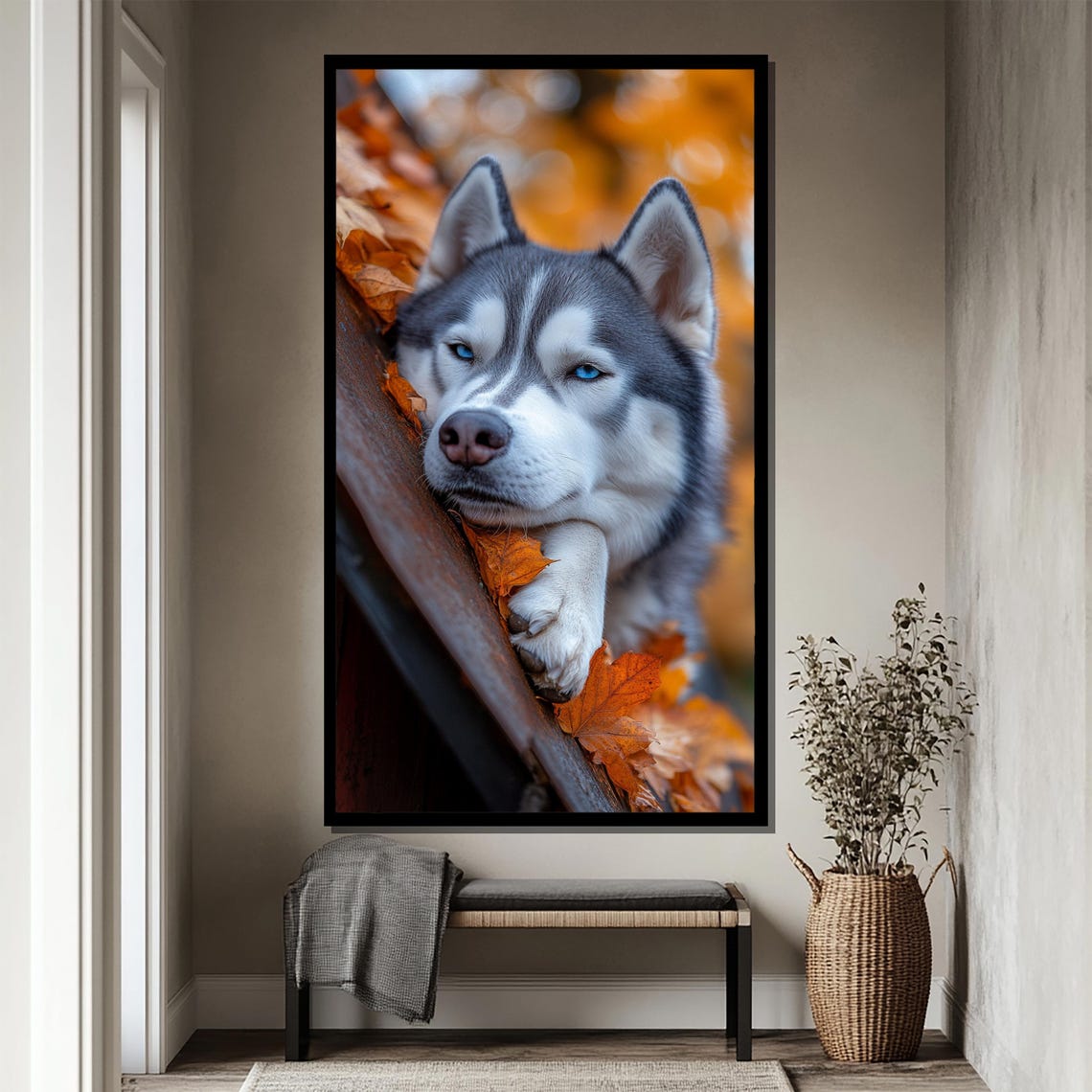 Siberian Husky Blue Eyes Autumn Leaves Resting Dog Art Poster - Image 4