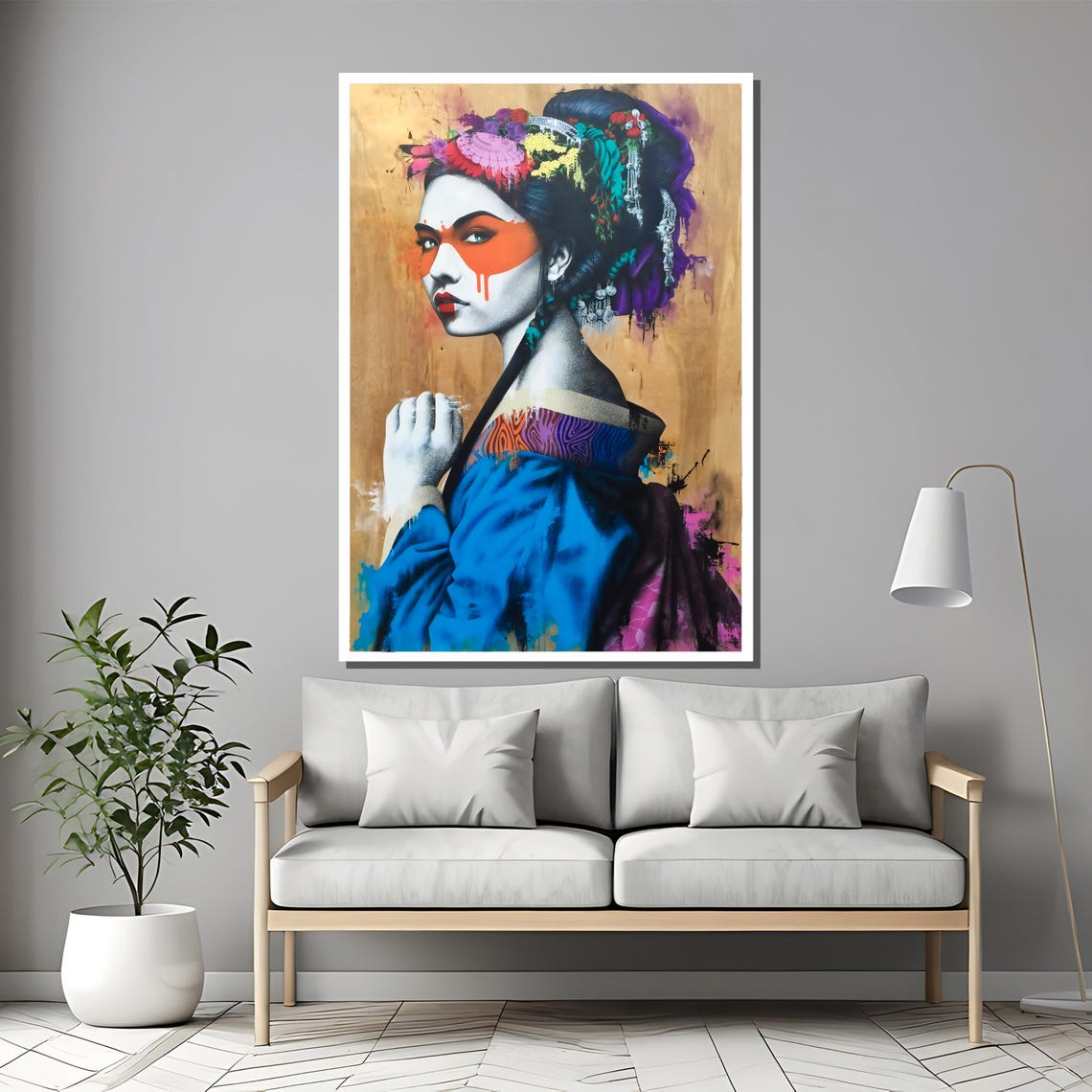 Modern Geisha With Orange Face Paint Pop Art Portrait Poster - Image 2