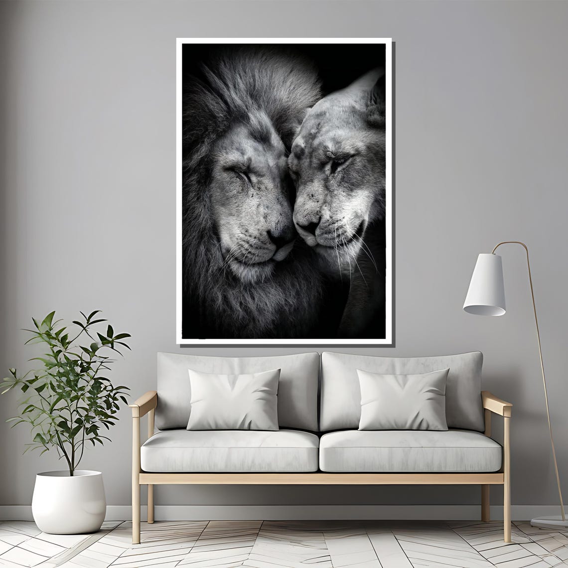 Lion Couple Nuzzling Tenderly In Intimate Monochrome Portrait Poster - Image 2