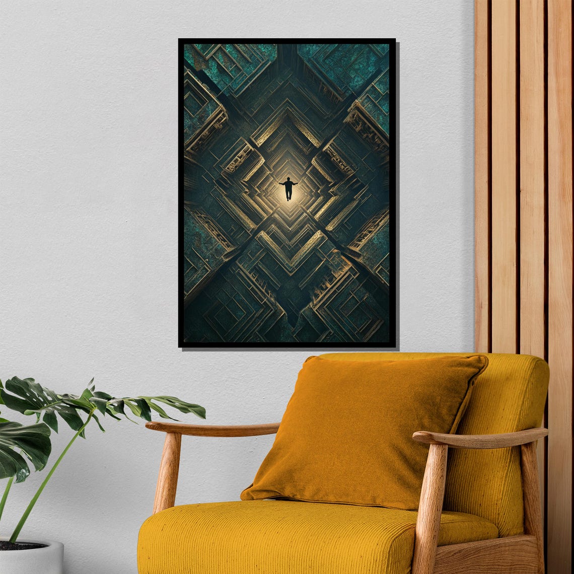 Floating Silhouette in a Dark Geometric Light Tunnel Art Poster - Image 4