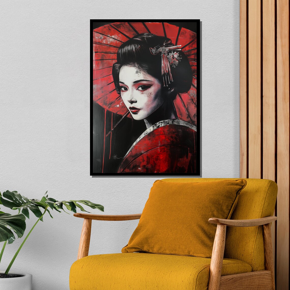 Red Geisha Portrait With Red Parasol Bold Japanese Elegant Art Poster - Image 4