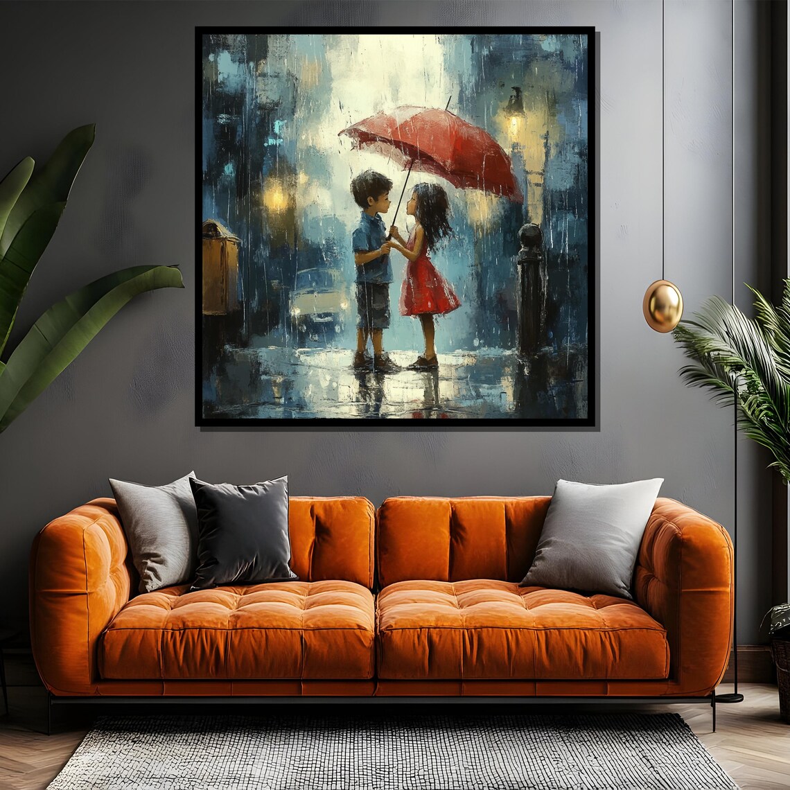 Children With Red Umbrella In Rain City Street Sweet Art Poster - Image 4