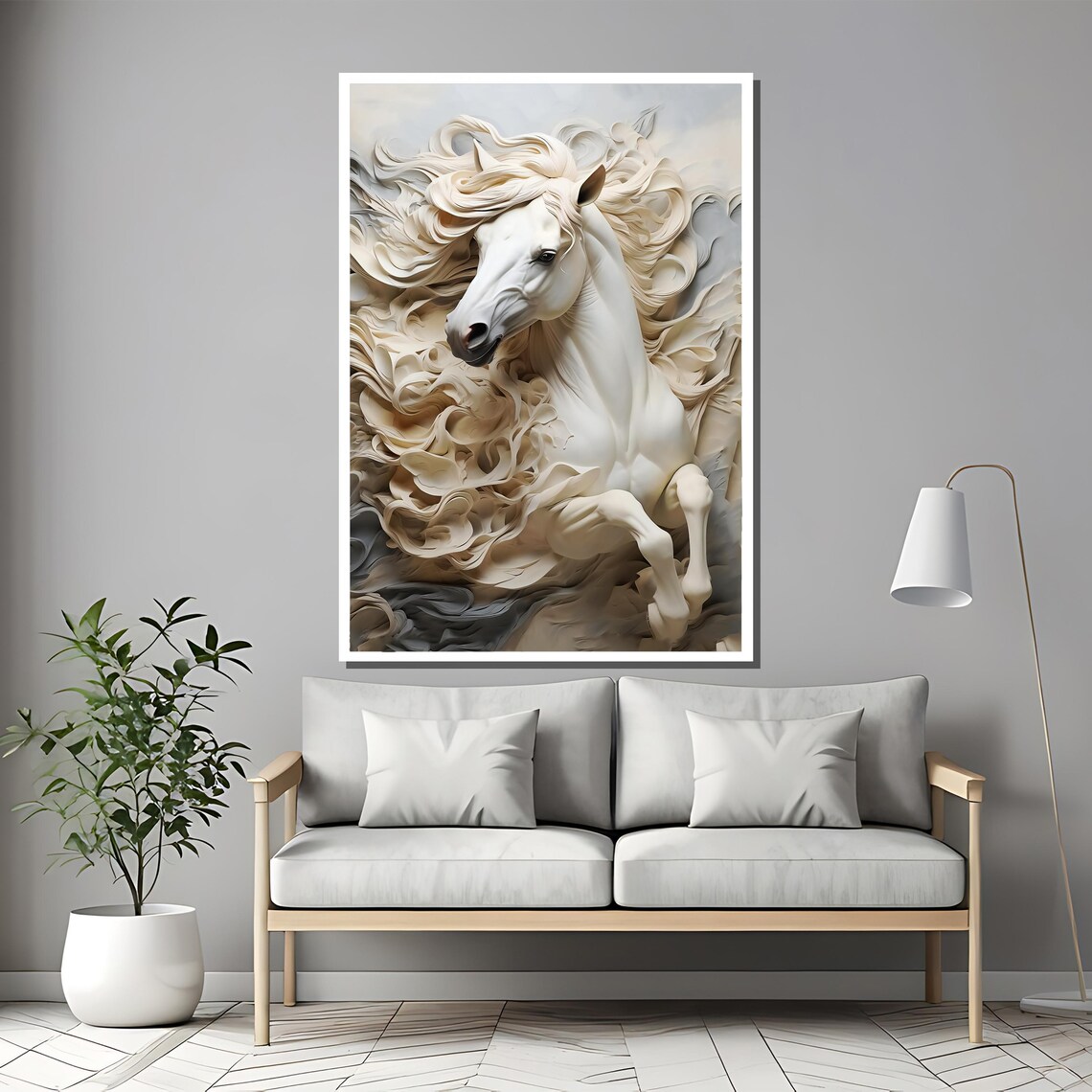 Graceful White Horse Painting, Textured Wall Art - Image 2