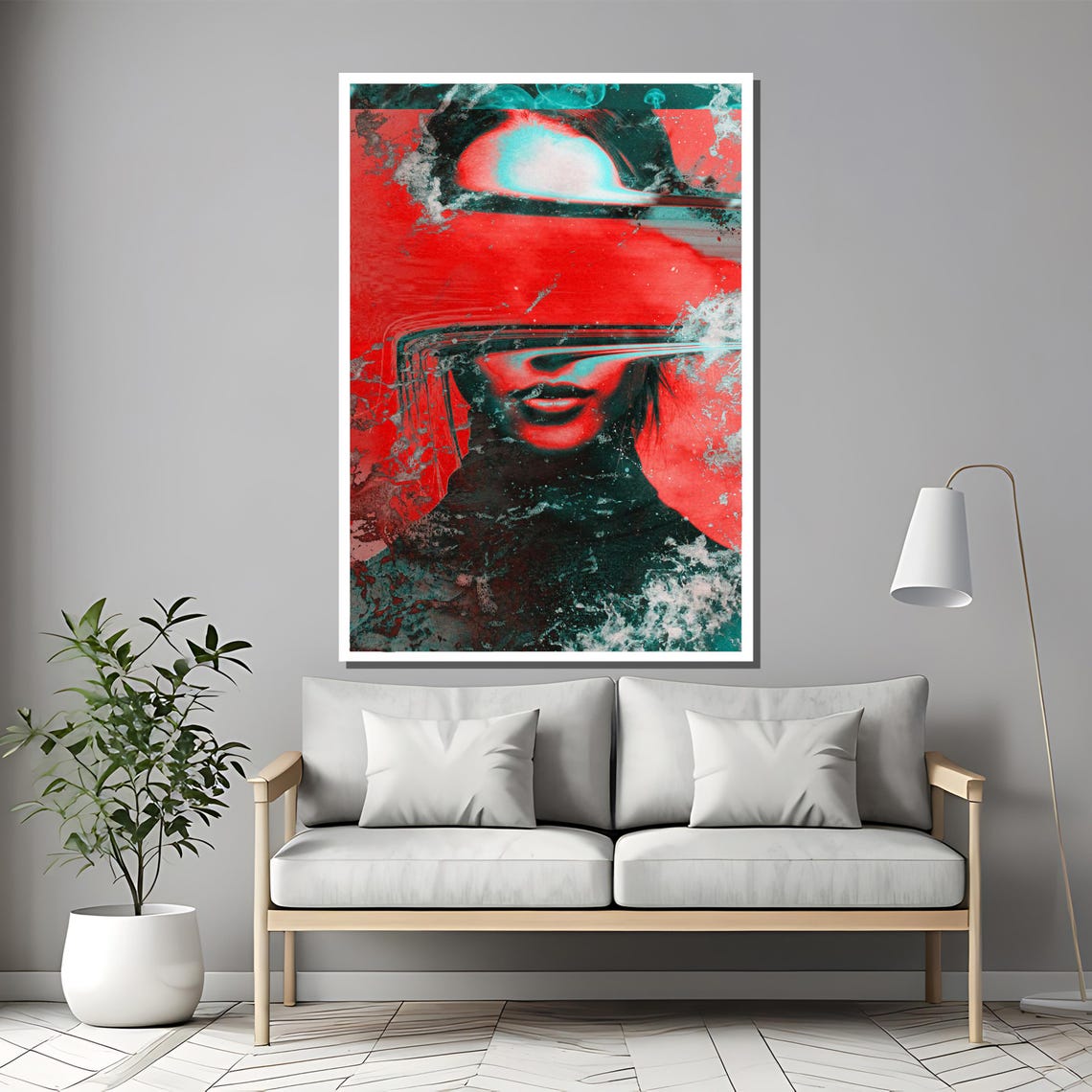 Glitch Red And Teal Futuristic Distorted Digital Portrait Poster - Image 2