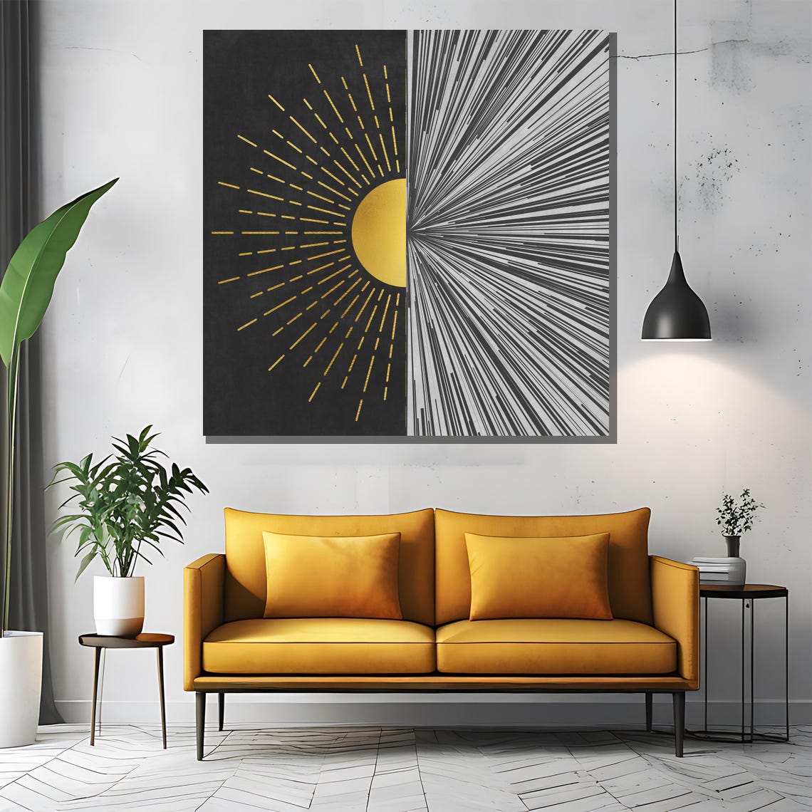 Split Sunburst Gold Rays Half Sun on Black Modern Abstract Poster - Image 2
