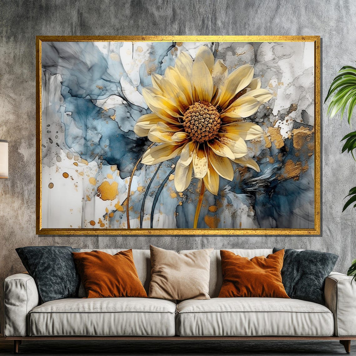 Watercolor Sunflower Bloom with Gold Accents on Abstract Blue Poster