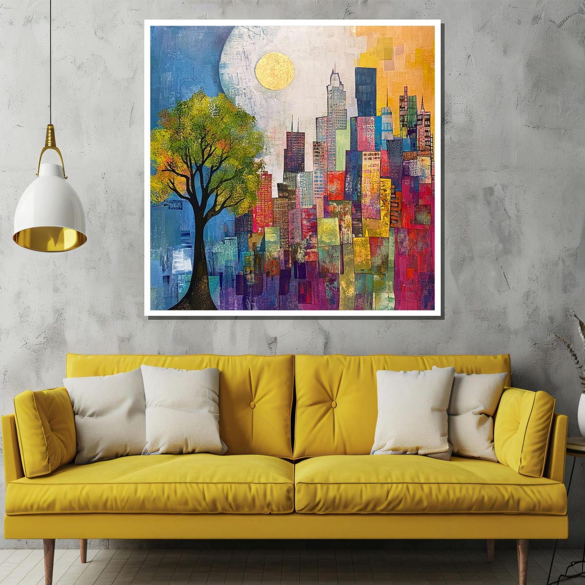 Colorful City Skyline With Tree and Golden Sun Mosaic Poster - Image 2