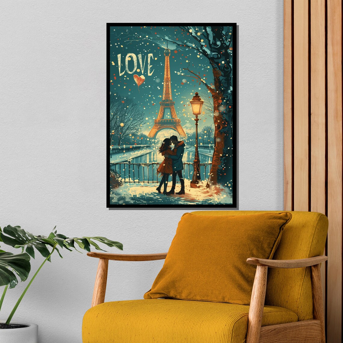 Winter Paris Eiffel Tower With Kissing Couple In Love Art Poster - Image 4