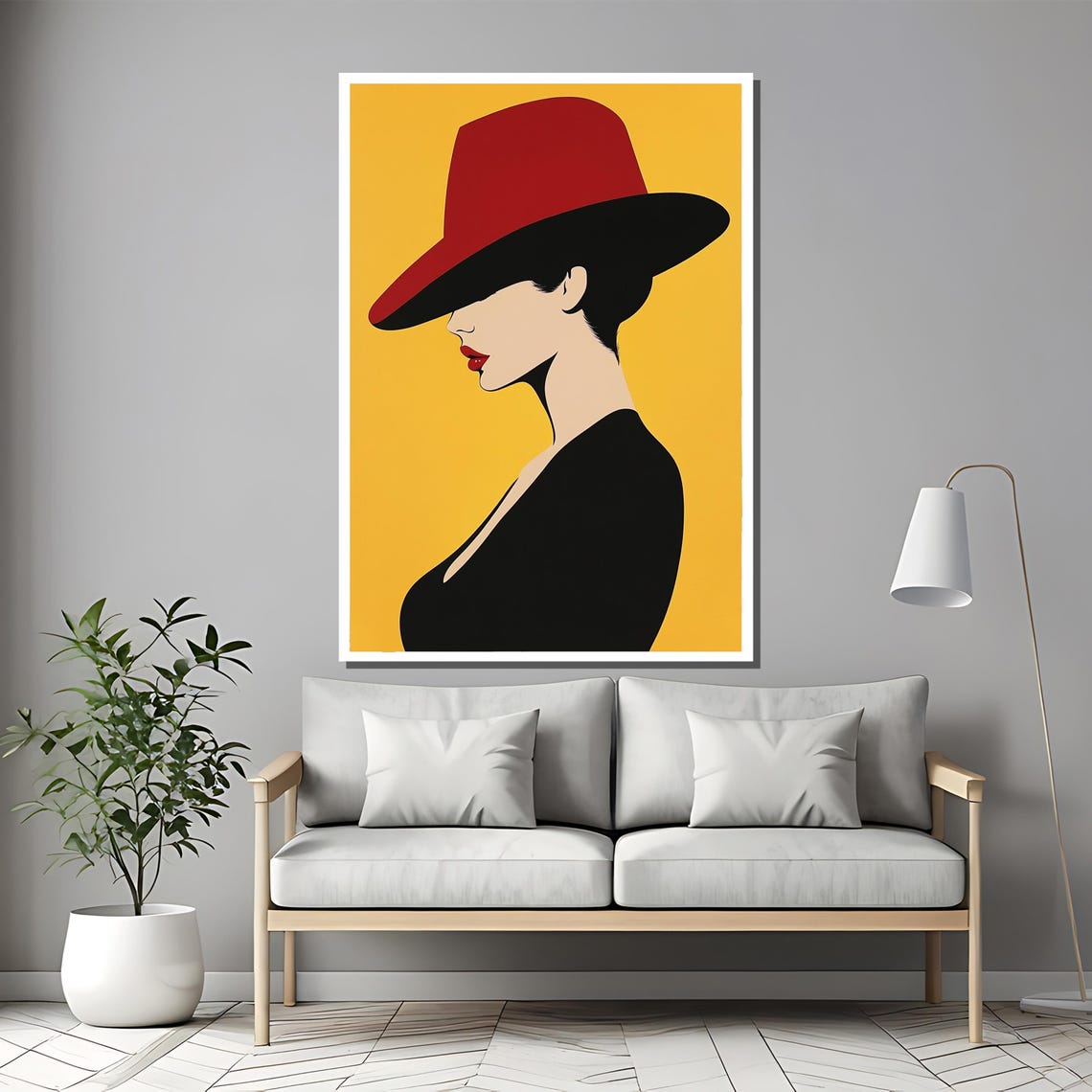 Minimalist Woman in Red Hat Profile Portrait on Mustard Poster - Image 2