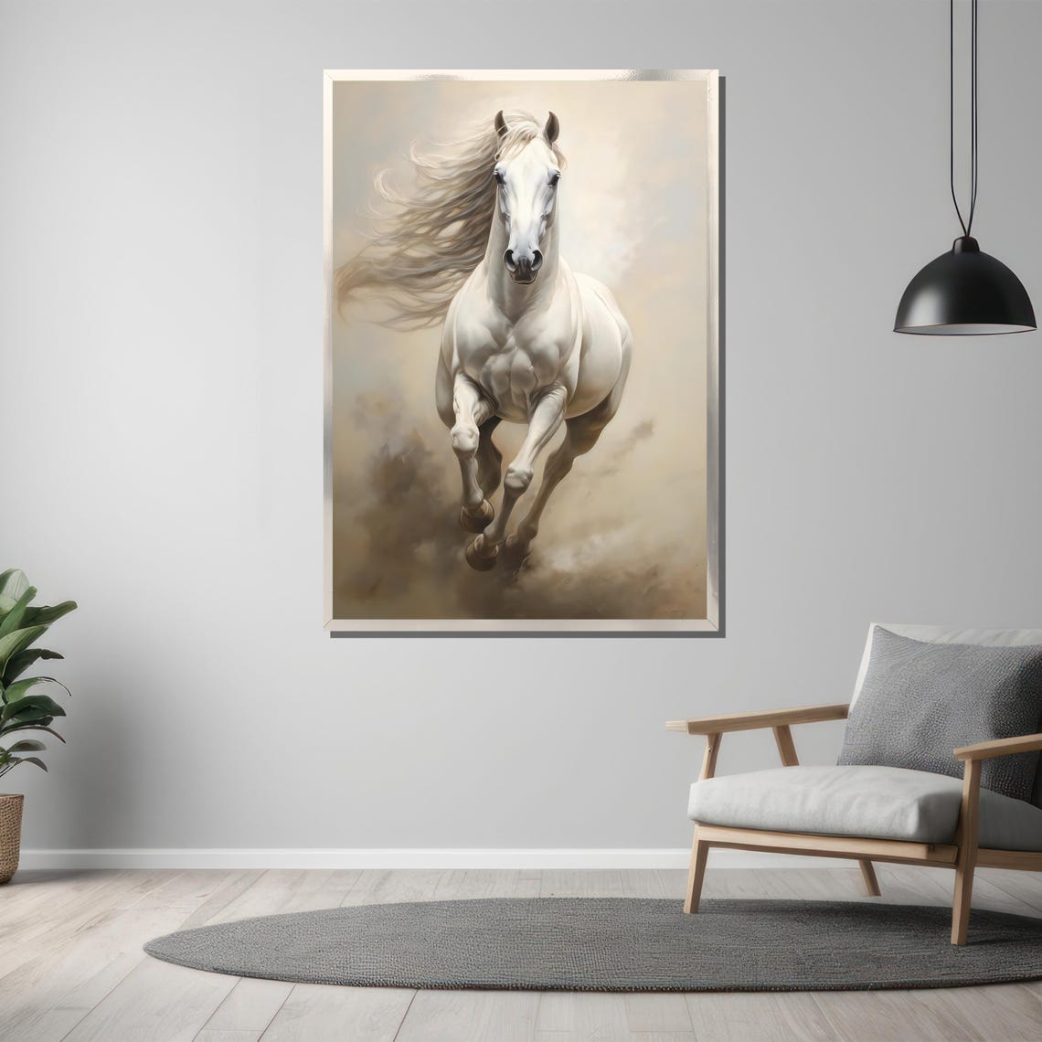 Graceful White Horse Galloping With Flowing Mane In Mist Poster - Image 3