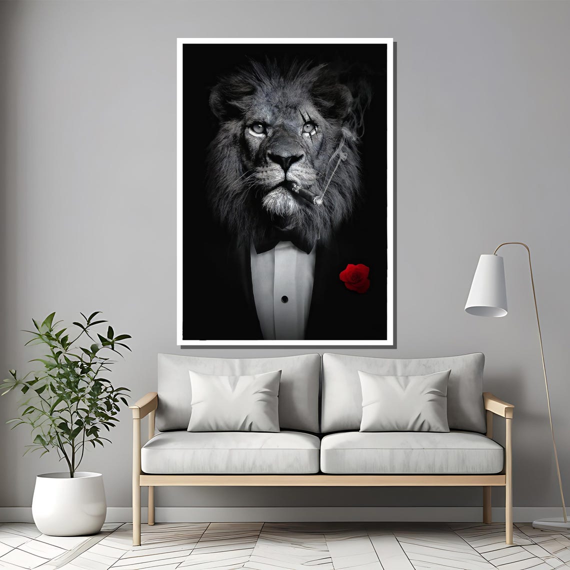 Dapper Lion In Tuxedo With Red Rose And Cigar Portrait Poster - Image 2