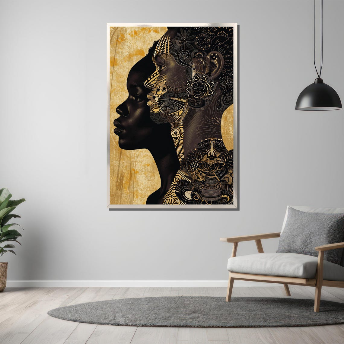 Black And Gold Afro Profile Tribal Pattern Elegant Art Poster - Image 3