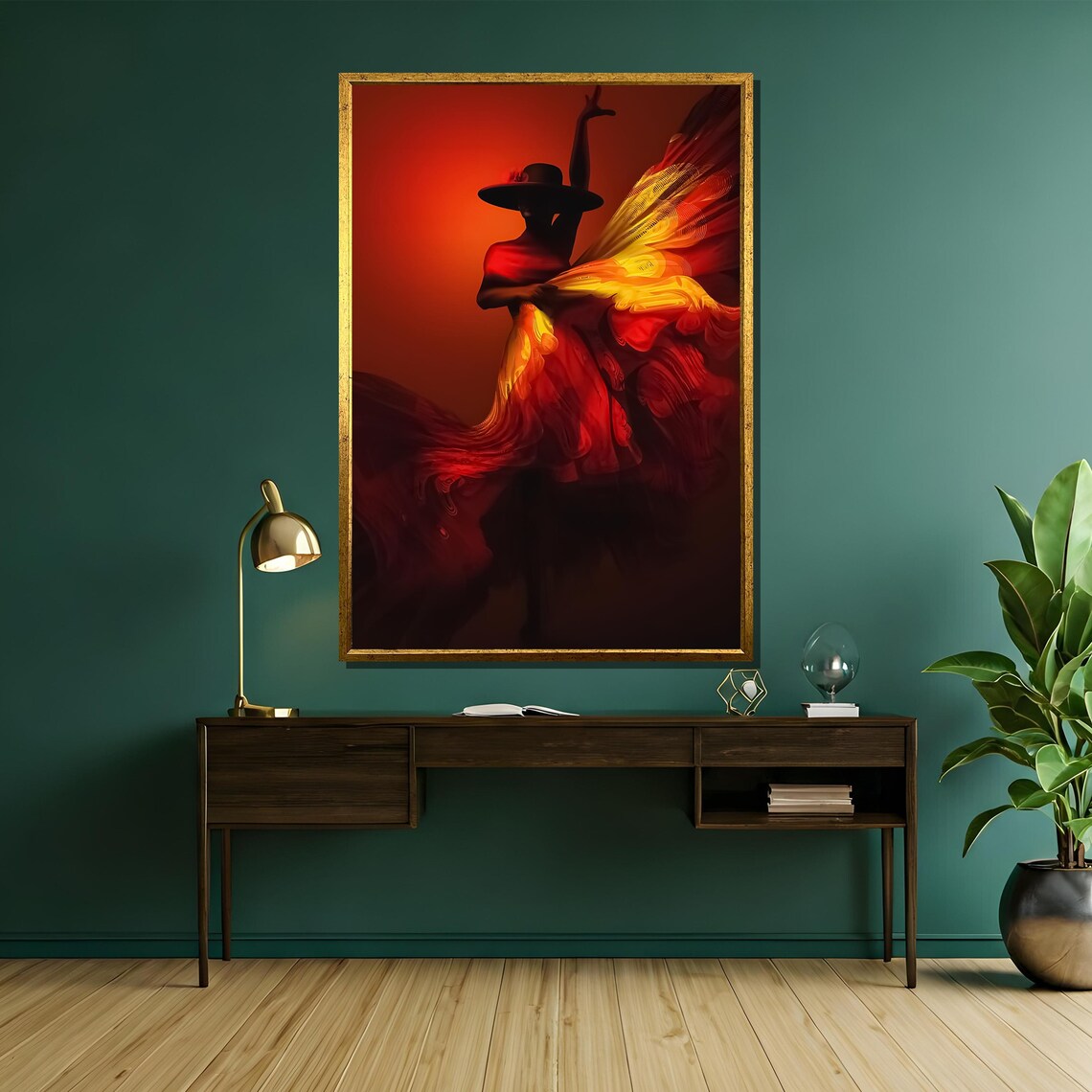 Fiery Flamenco Dancer in Red Yellow Dress Silhouette Painting Poster - Image 5