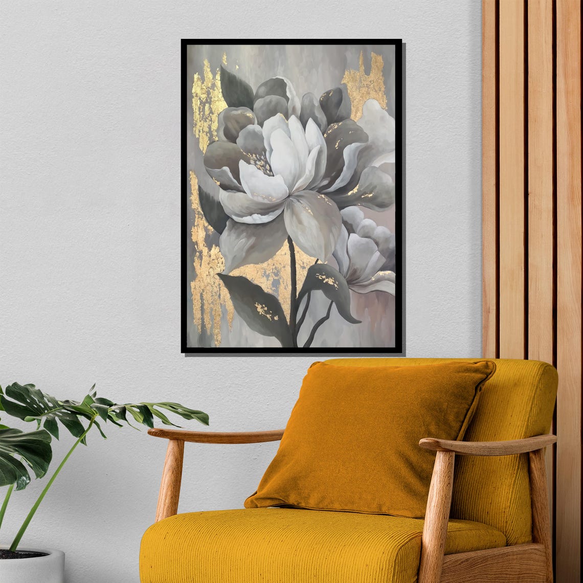 Gray White Floral With Gold Leaf Accents Elegant Botanical Poster - Image 4