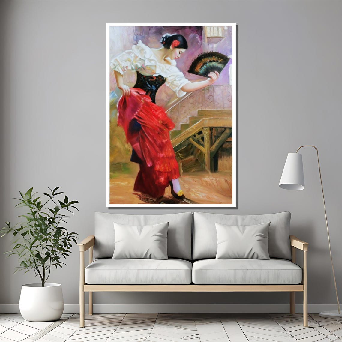 Flamenco Dancer on Stairs With Black Fan Spanish Oil Art Poster - Image 2
