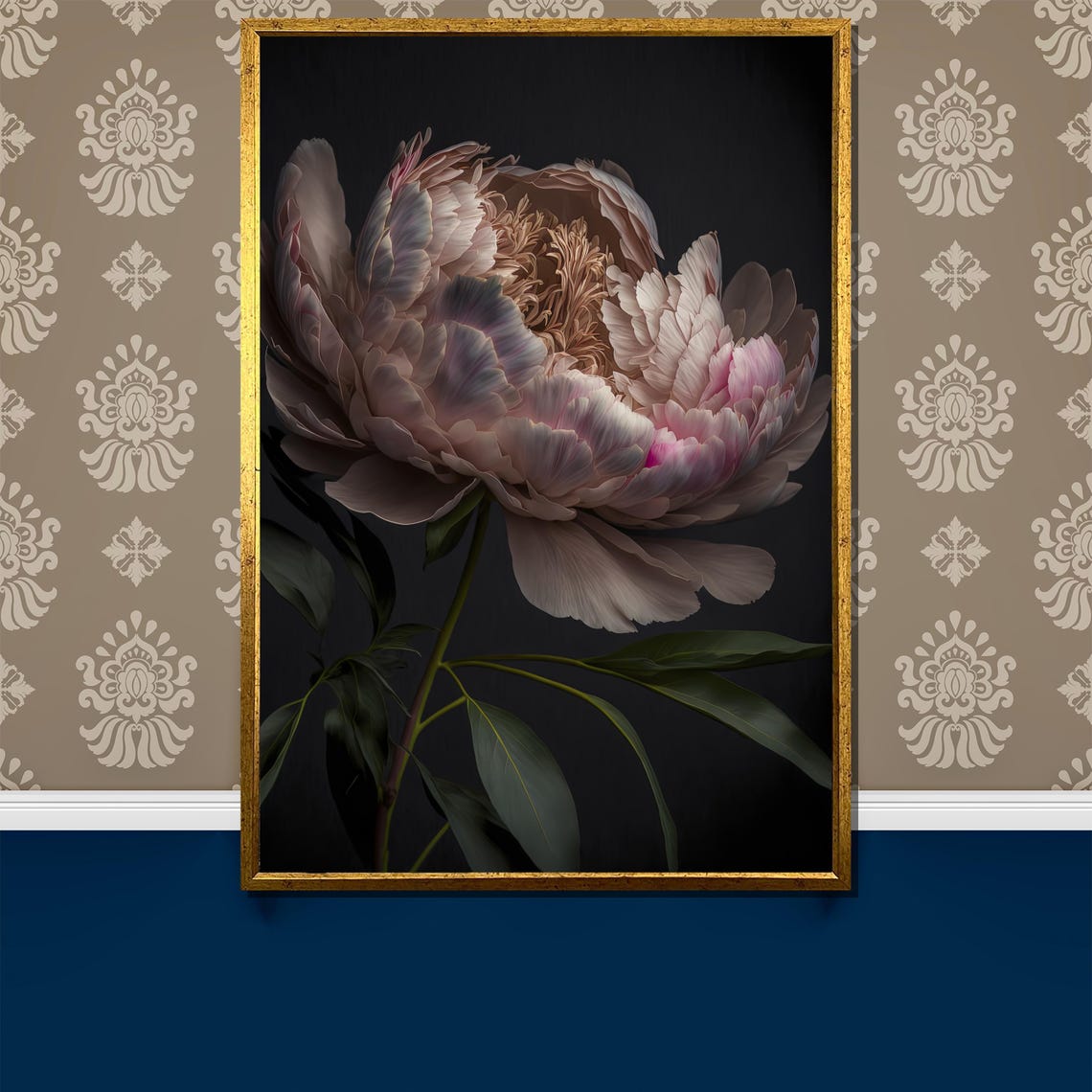 Soft Blush Pink Peony Bloom on a Velvet Black Floral Art Poster