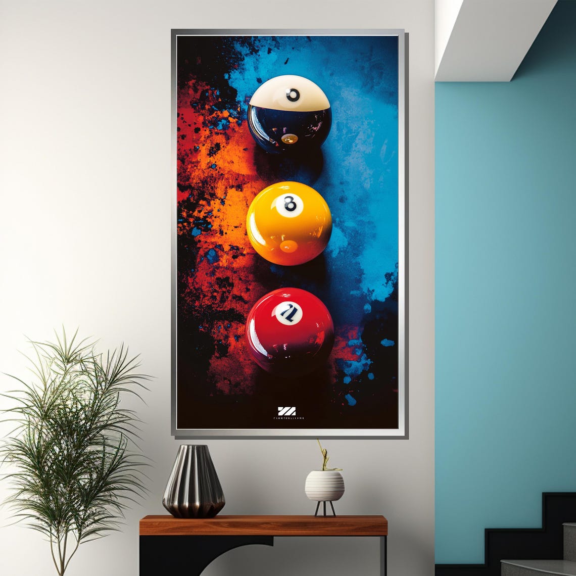 Neon Nights Three Colorful Billiard Balls on Splattered Art Poster - Image 3