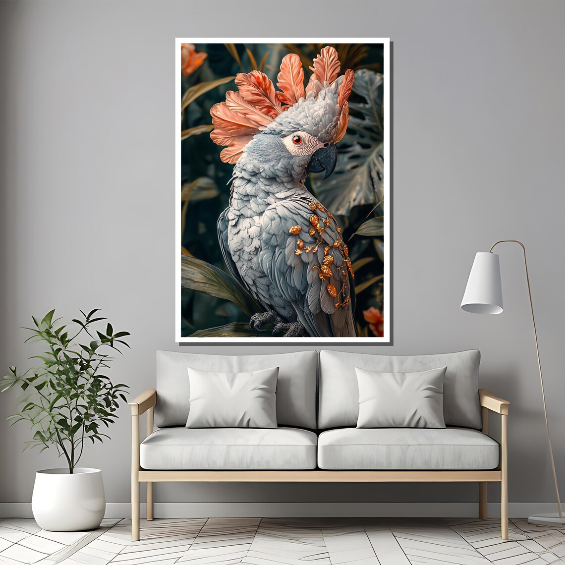 Elegant Cockatoo Parrot Pink Crest Gold Accents Bird Art Poster - Image 2